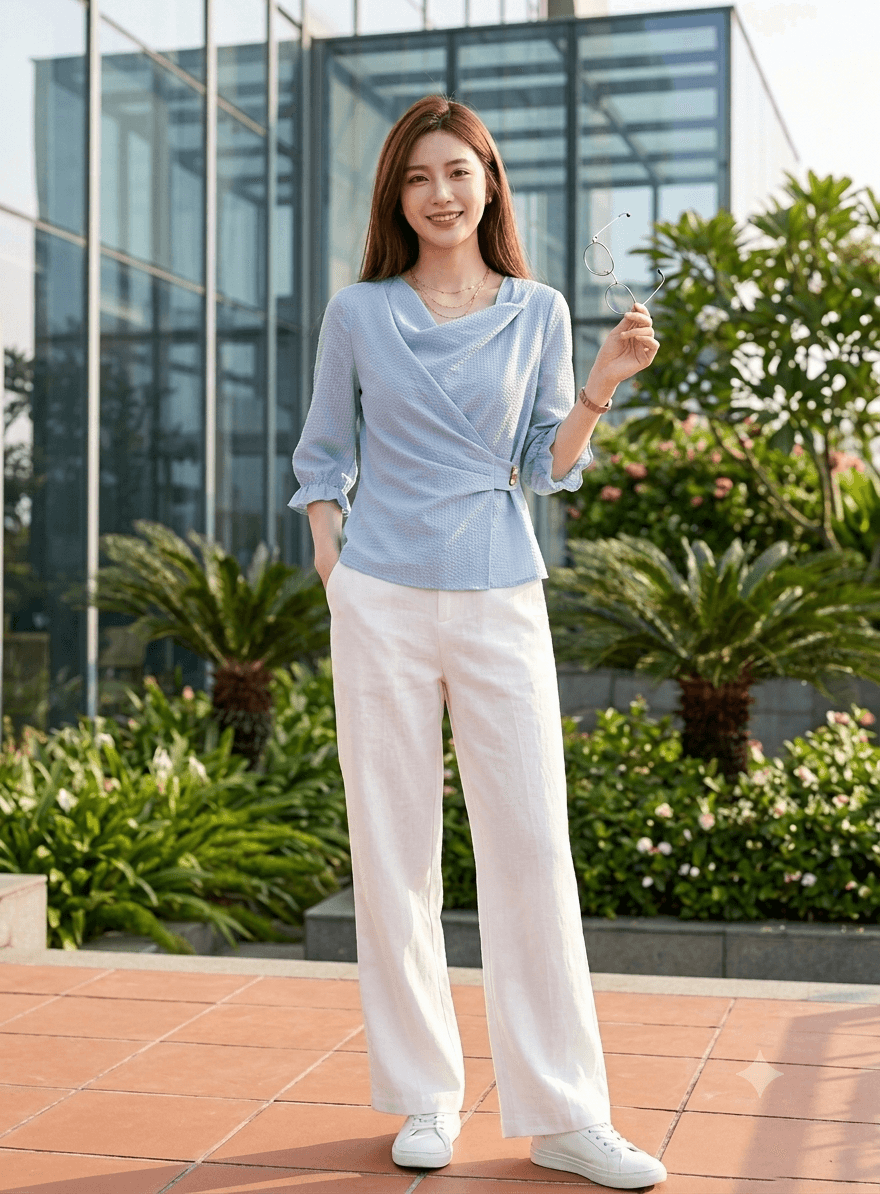 Hình ảnh Áo linen xanh mint tay bo chun