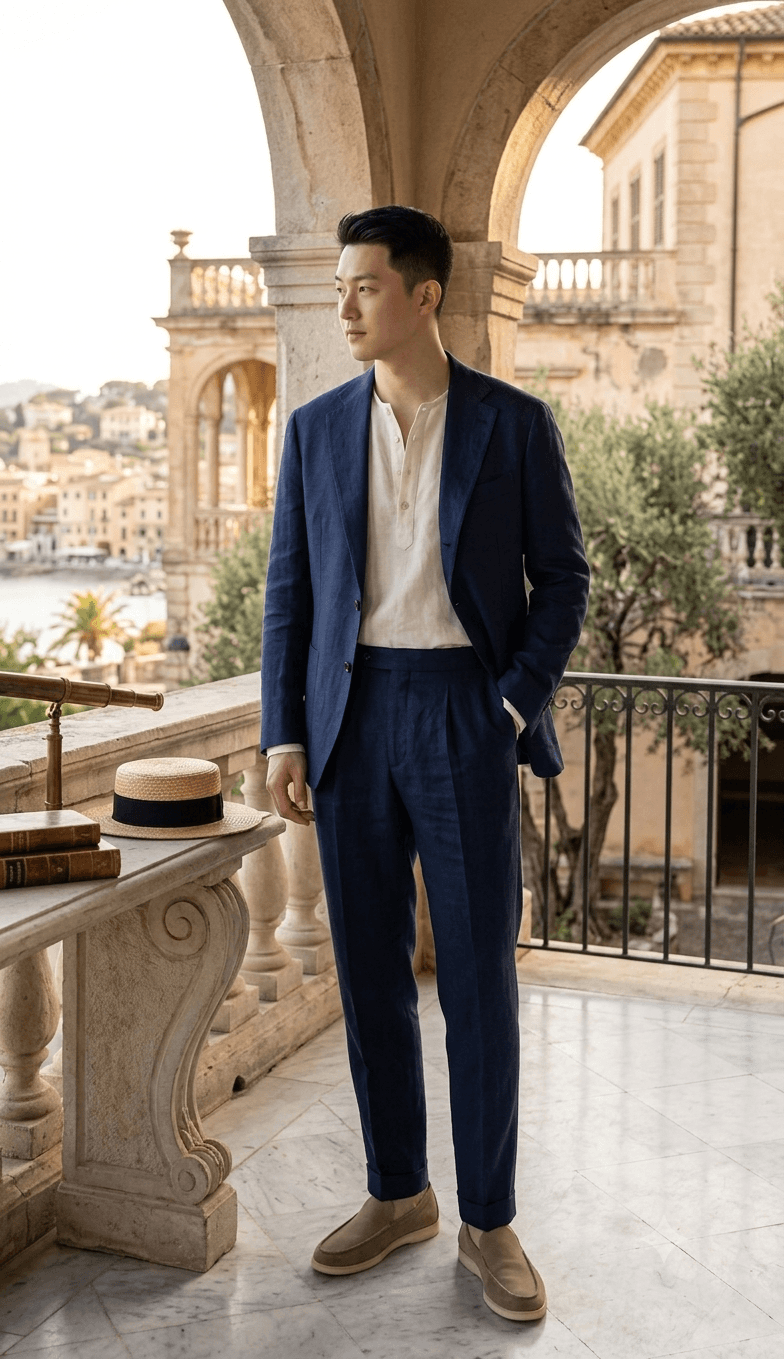 Hình ảnh Bộ vest nam cổ tròn xanh than