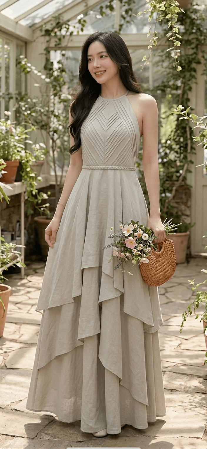 Hình ảnh Đầm linen nhún bèo váy tầng