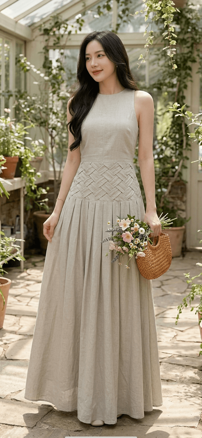 Hình ảnh Đầm linen trơn kiểu tay cộc