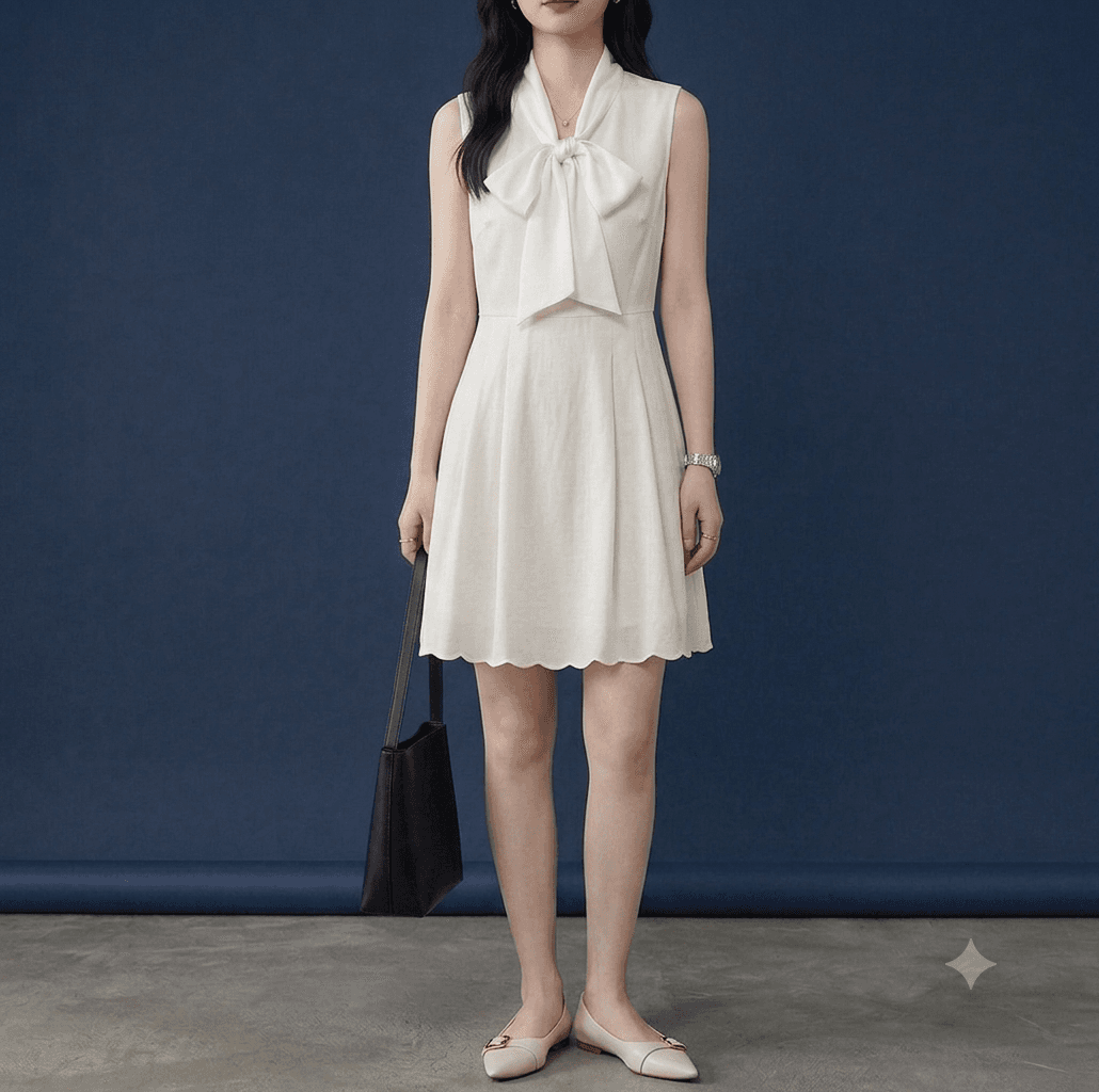 Hình ảnh Đầm trắng linen thắt nơ