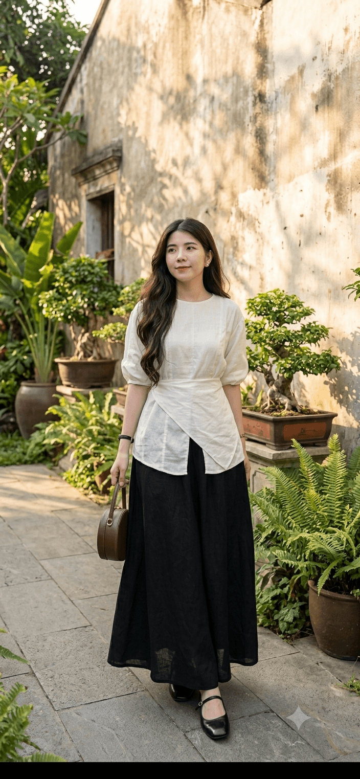 Hình ảnh Set áo kiểu linen tay bồng chéo tà kèm chân váy đen dài