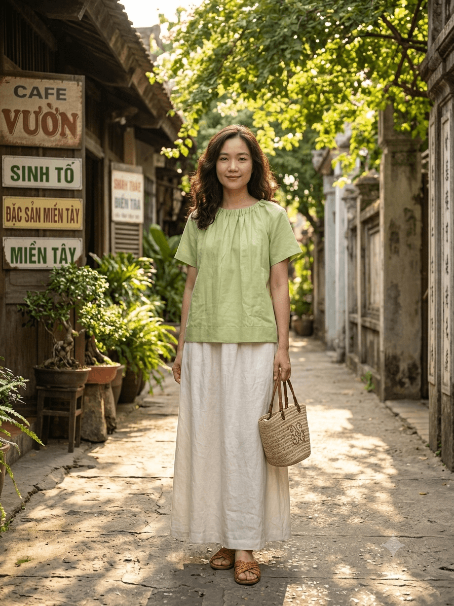 Hình ảnh Set áo linen nhún viền kèm chân váy dài