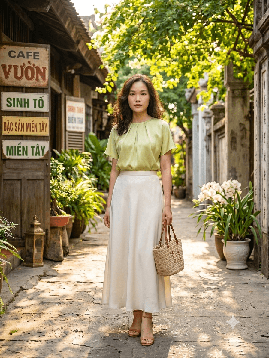 Hình ảnh Set áo linen xanh kiểu kèm chân váy kem