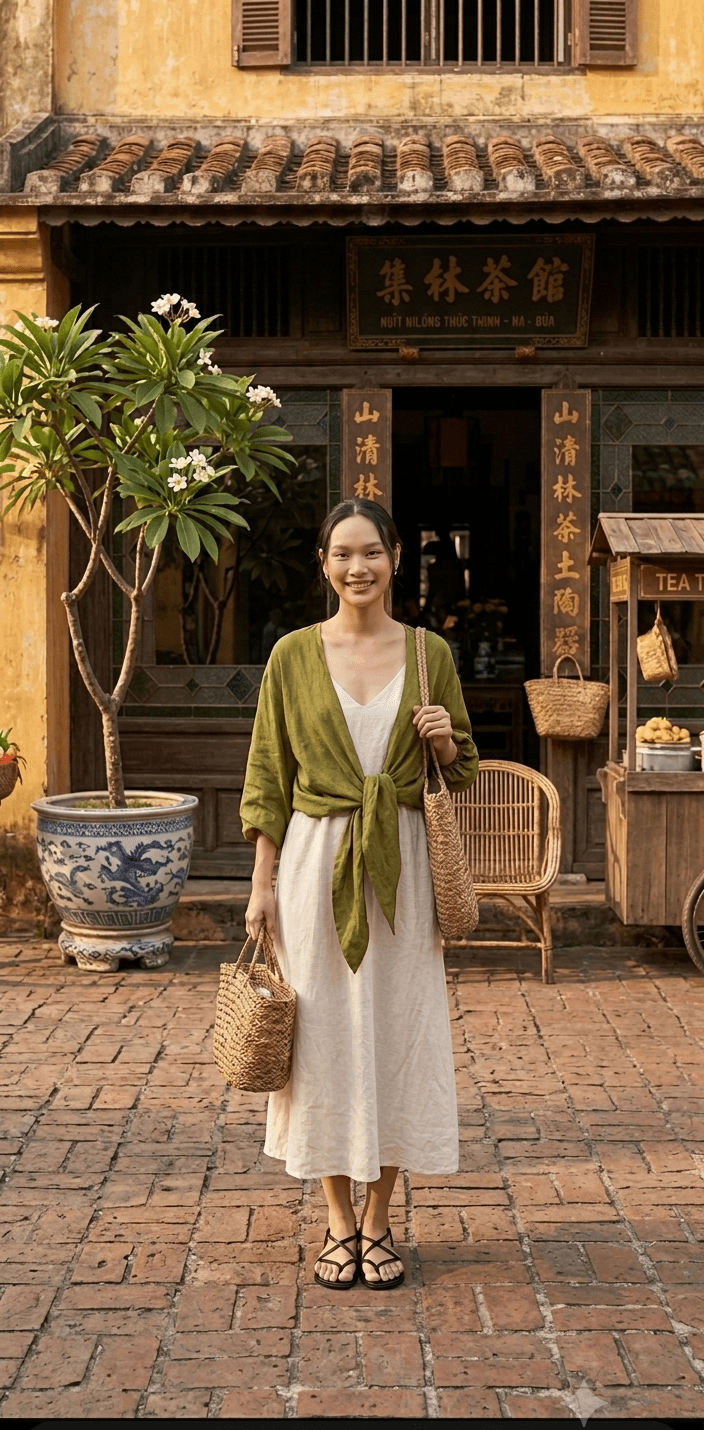 Hình ảnh Váy linen hai dây phối áo choàng
