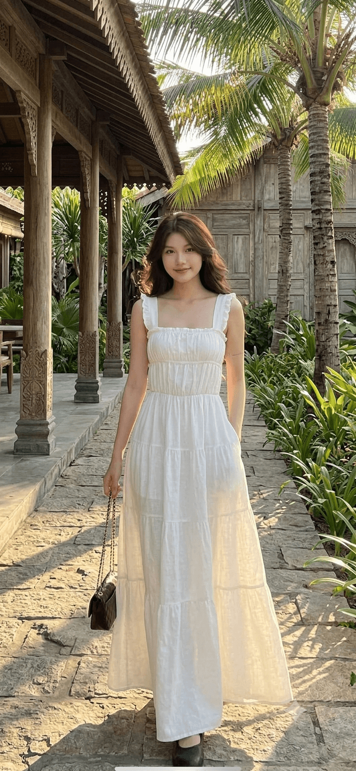 Hình ảnh Váy linen nữ trắng dáng dài nhún viền